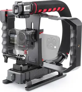 Zeadio Camera Handheld Stabilizer with Smartphone Video Cage Rig Triple Cold-Shoe Handle Grip Compatible with All Cameras DSLR Smartphones & Video Lights