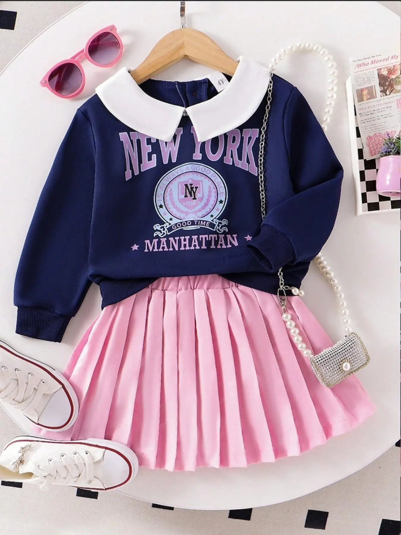 Two-Piece Set Girl's Letter Graphic Print Sweatshirt & Pleated Skirt Set, Preppy Style Long Sleeve Collared Top & Elastic Waist Skirt for Daily Wear,