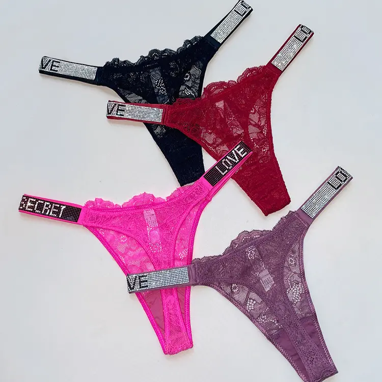Black/Red/White/Purple Color Love Letter Rhinestone Lace Dating Thong for Girl Thong Women's Thong Good Quality Panties