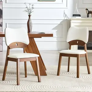 2 Pcs Walnut Solid Wood Dining Chairs – White PU Cushion Mid Century Modern Comfortable Kitchen Seats for Home Living Room