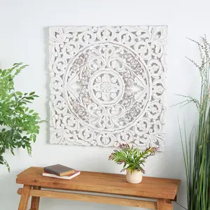Floral White Wooden Handmade Intricately Carved Home Wall Decor with Mandala Design