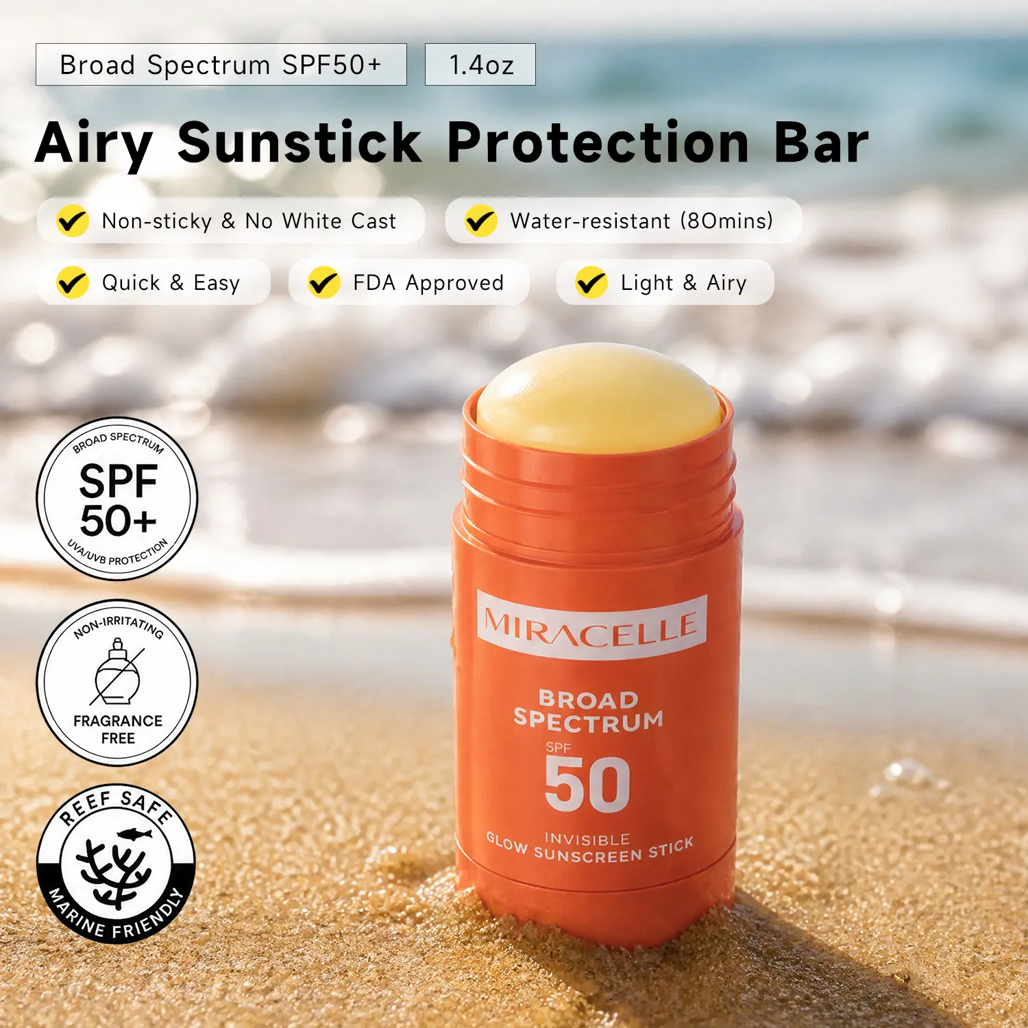 MIRACELLE Broad Spectrum SPF 50 Sunscreen Stick,Portable Face Sunscreen for Outdoor Activities,Invisible, Lightweight & Easy Reapply,Fragrance Free Mineral Facial Sunscreen