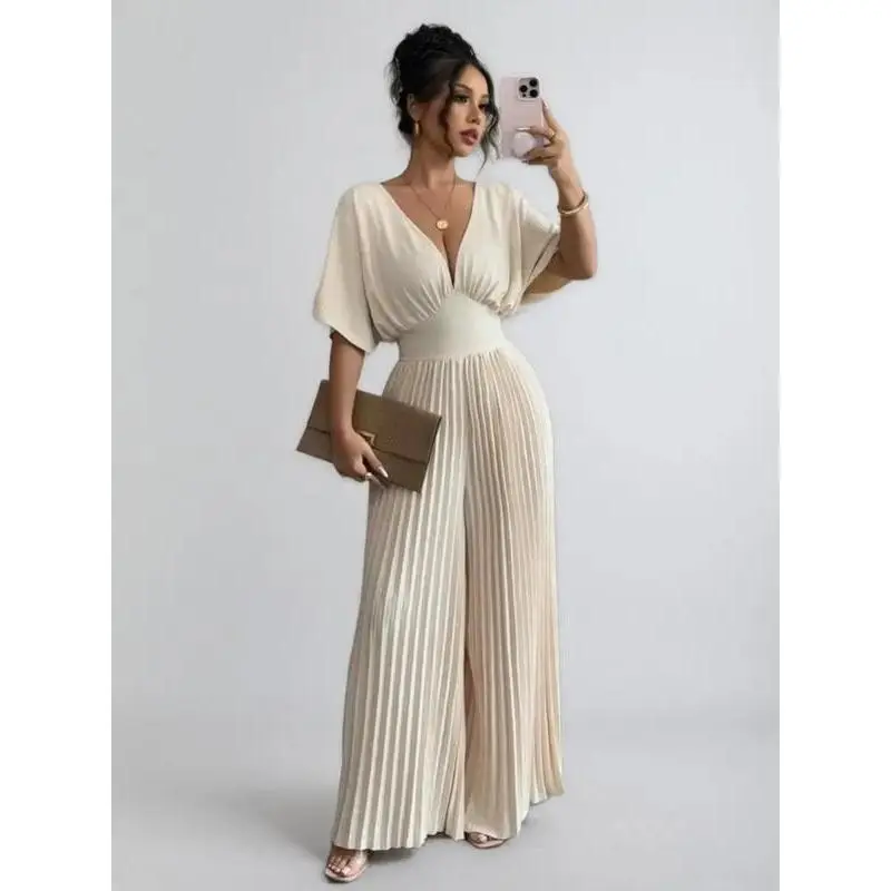 Women's Elegant Deep V Neck Jumpsuit, a High-Waist Regular Fit with Pleated Wide Legs and Batwing Short Sleeves in Solid Polyester for Parties, Short Sleeve, Lady, Pleated Legs, V-Neck Cut, Slight Stretch, Machine Washable, Fabric, Party, Plain