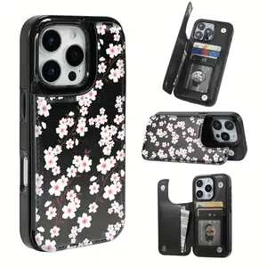 Beautiful Creative Pink Floral Pattern Leather Card Holder Phone Case, Suitable for iPhone 17 Air/16 Plus/15 Pro Max/14 Pro/13/12/11/XS Max/X Phone Case, Perfect Gift for Thanksgiving and Christmas for Family, Friends, Lovers, Boyfriend, Girlfriend