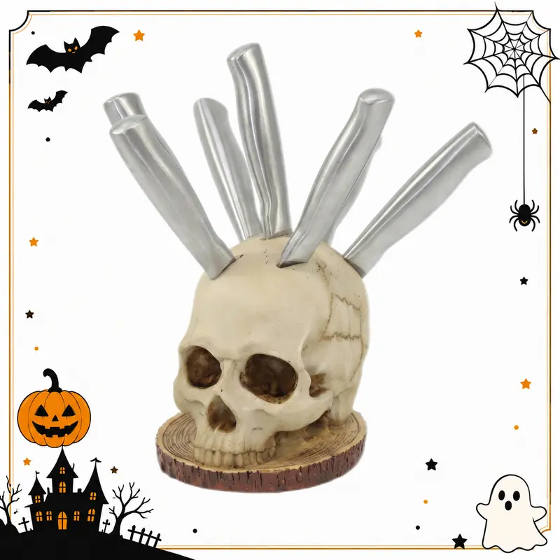Skull Shape Freestanding Wooden Kitchenware Organizer - 5.51in Durable Resin Wood Tabletop Knife Holder with Steak Slot, Dark Aesthetic Kitchen Gear, Spooky Sculpture, Halloween Decorations (No Knives Included)