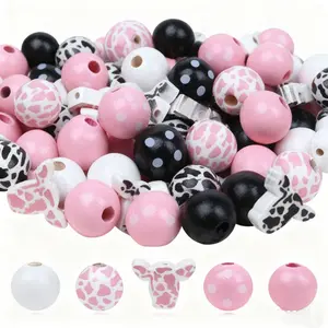 72 Pcs Cow Print Wood Beads 16mm Wood Round and 20mm Flat Wooden Beads Natural Handmade Crafts Polished Spacer Charm for Jewelry Making DIY Crafts Making Home Party Decoration
