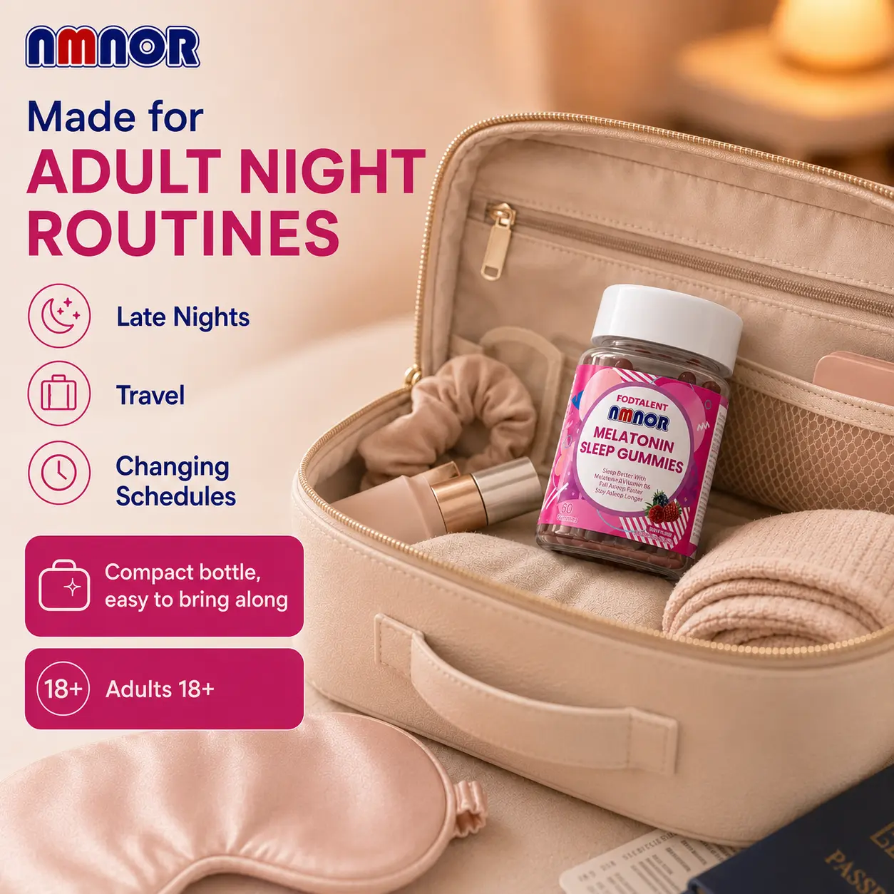 NMNOR Edible Strawberry Melatonin Chewable Gummies for Adults - 3mg per Gummy, with Vitamin B6, 60 Count, 24 Months Shelf Life, Bottle-Pack Dietary Supp for Health & Wellness
