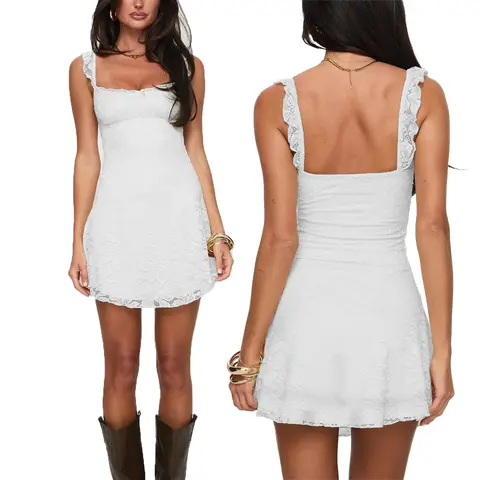 Women's White Lace Mini Dress, Square Neck Ruffle Strap A-Line Short Dress, Elegant Floral Lace Sundress for Party