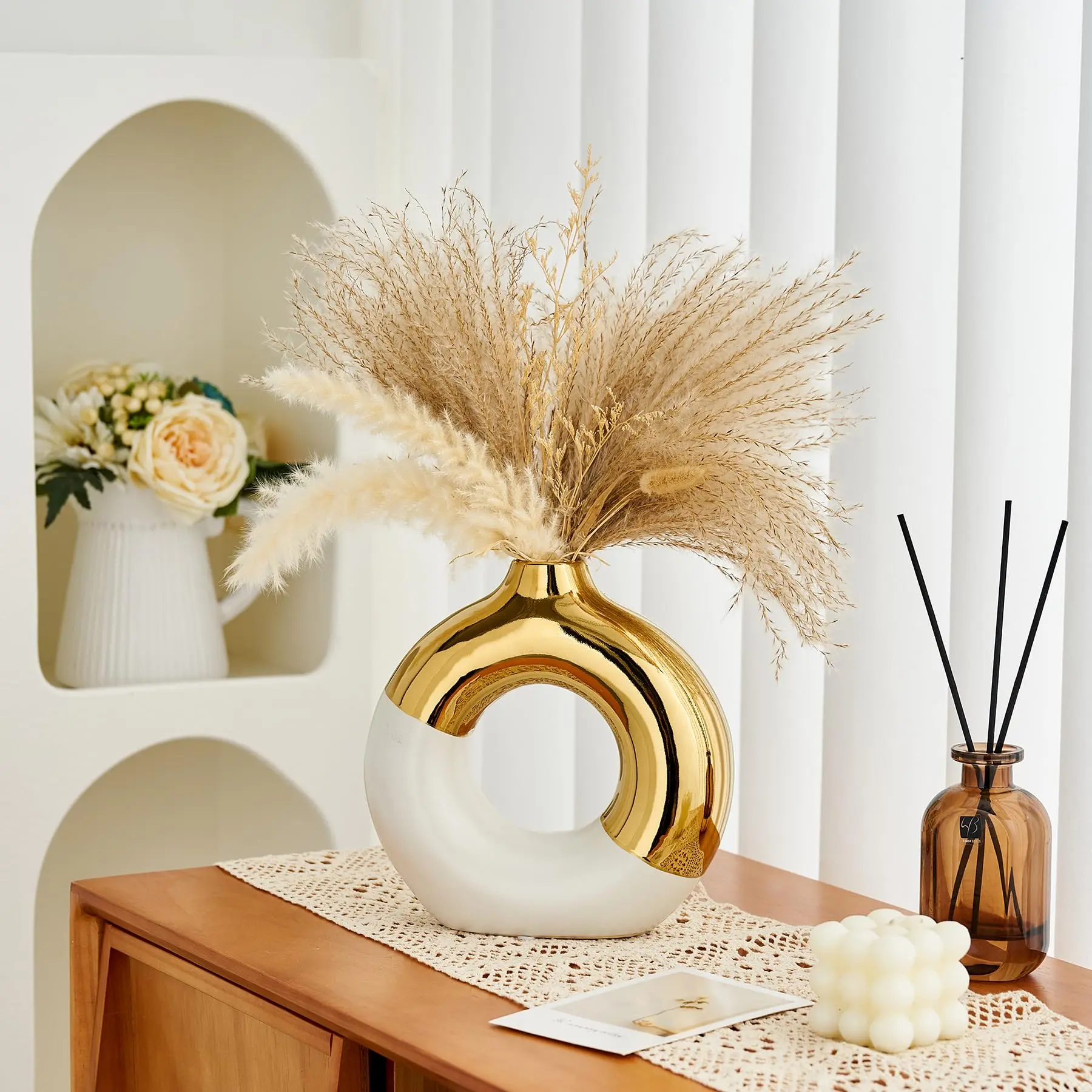 Modern Bohemian Platinum Ceramic Ellipse Decorative Vase - Home Decor Ornament, Living Room Coffee Table Holder, Dried Flower & Reed Container, Special Occasion Souvenir