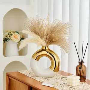 Modern Bohemian Platinum Ceramic Ellipse Decorative Vase - Home Decor Ornament, Living Room Coffee Table Holder, Dried Flower & Reed Container, Special Occasion Souvenir