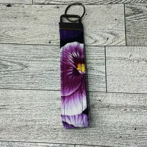 Handmade Floral Key Fob, Purple Fabric Wristlet Strap, Personalized Gift for Teacher, Botanical Keychain for Keys, Mother’s Day Gift Idea