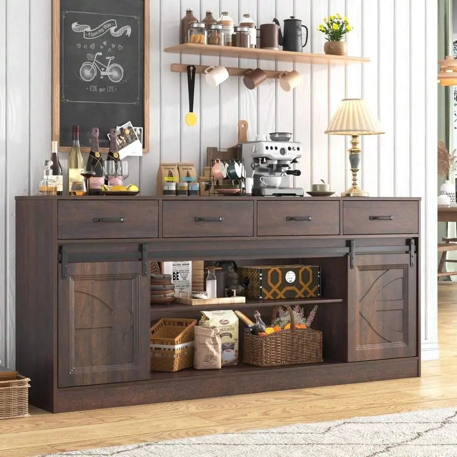 70" Farmhouse Buffet Cabinet With 4 Drawers & Sliding Doors, Buffet Coffee Bar Cabinet, Rustic Sideboard Credenza For Dining Room & Living Room Storage