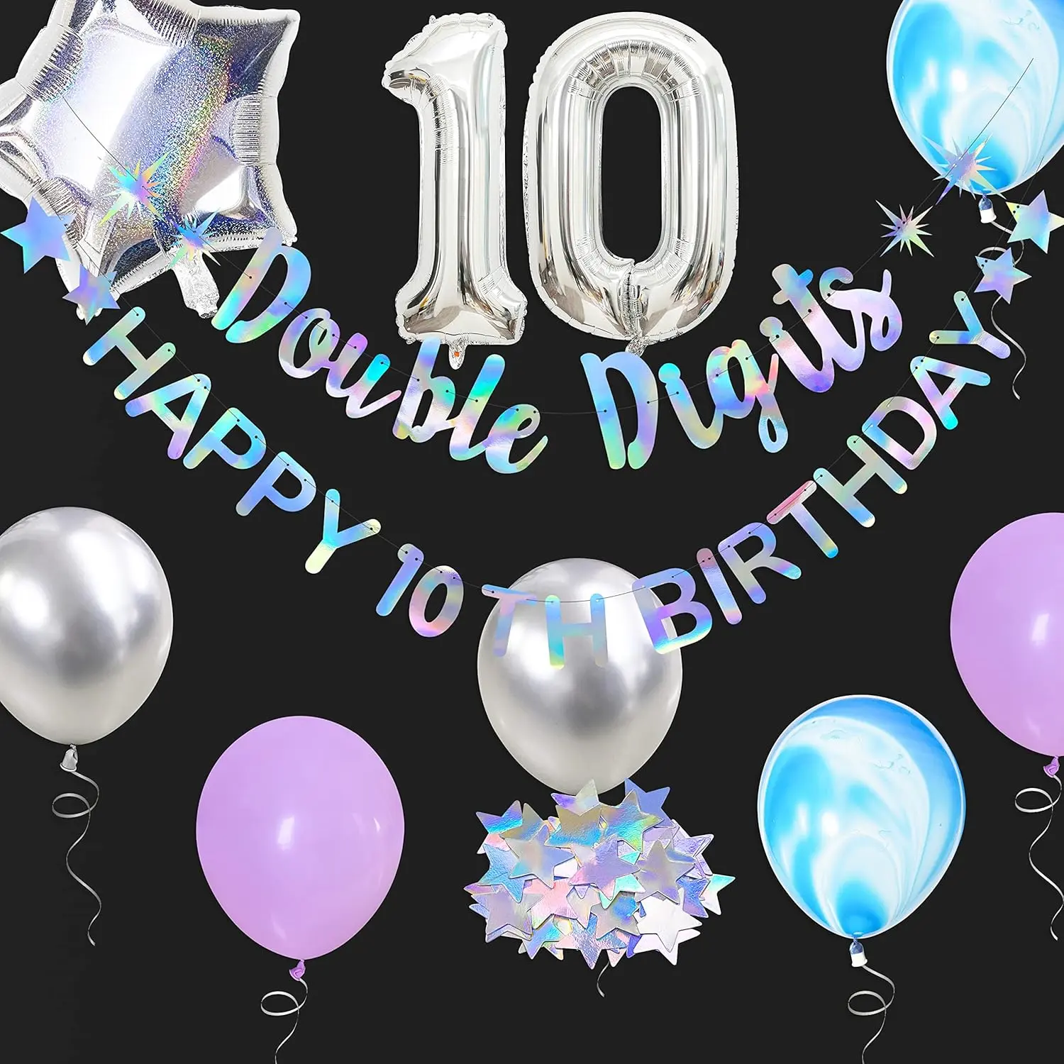 Iridescent Double Digits Happy 10th Birthday Banner Garland Foil Balloon for Girls Boys 10th Birthday Decor