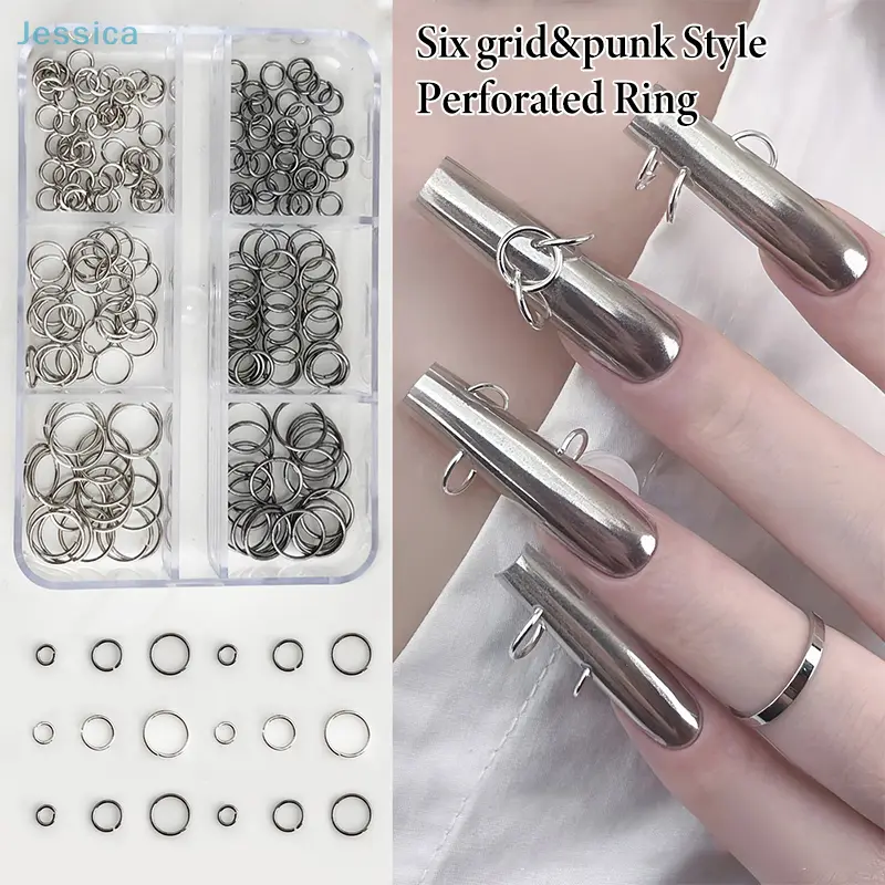 ♥6 Grids Perforated Round Ring Nail Art Accessory, Circular Metal Ring DIY Wearable Nail Decoration