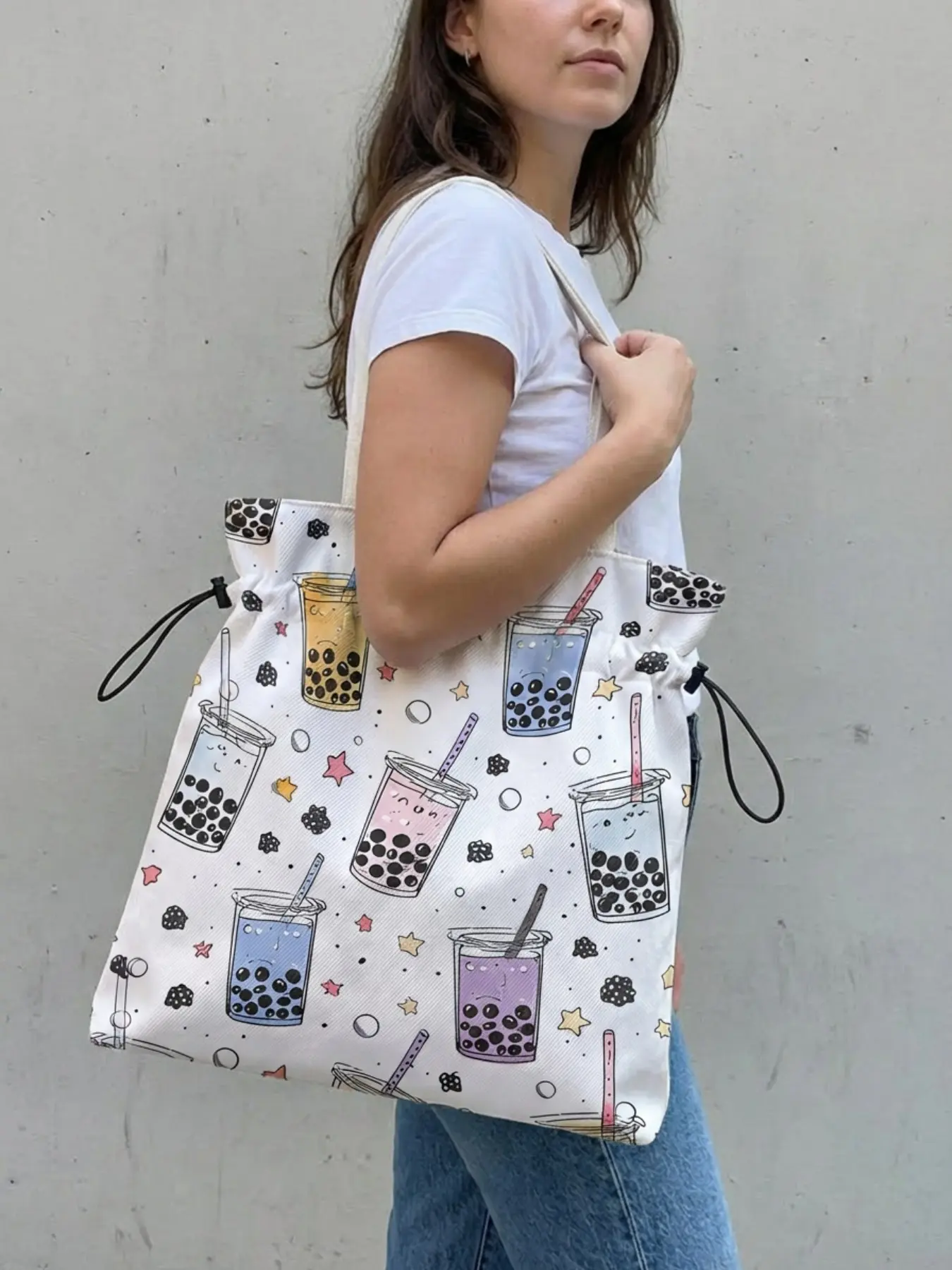 Pearl Milk Tea Pattern Drawstring Tote Bag, Large Capacity Casual Shopping Bag, Durable and Wear-Resistant, Suitable for Work, Shopping, Picnic