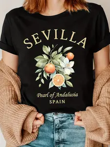 [Sevilla Souvenir T-Shirt] Casual Loose Summer T-Shirt with a Print of Souvenirs from Sevilla, Spain