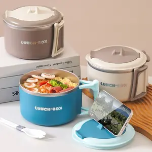 304 Stainless Steel Foldable Handle Noodle Bowl, Large Capacity 1200ML with Lid and Utensils, Dormitory Lunch Box Student Eating Bowl