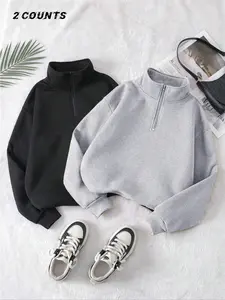 Autumn Winter Half-Zip Long Sleeve Fleece Lined Loose Fit High Neck Knit Sweatshirt Jacket, Unisex Casual Fashion Outerwear