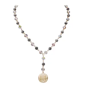 Four Blessings Good Luck Necklace with Glass Bead and Natural Stone (Smoke)