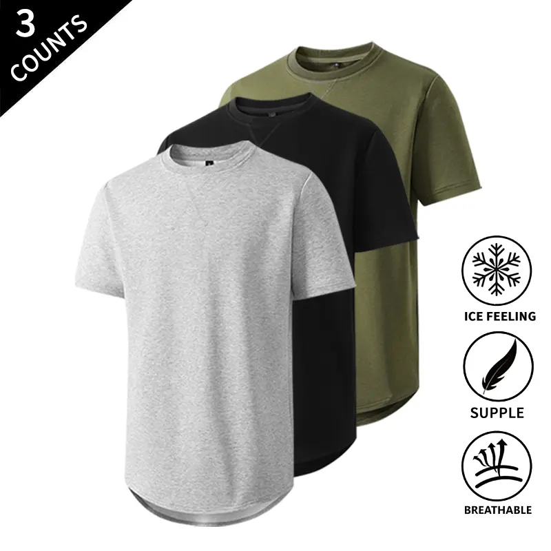 Men’s 3-Pack Classic Plain Short-Sleeve Crew Round Neck T-Shirts - Soft, Supple, Stretchable, Breathable Ice Poly-Cotton-Elast Fabric Mens Top for Work, Casual Wear