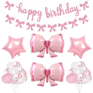 Pink Bow Birthday Decorations - Balloon & Banner Set for Girl’s 1st 2nd Birthday Party Theme Decor