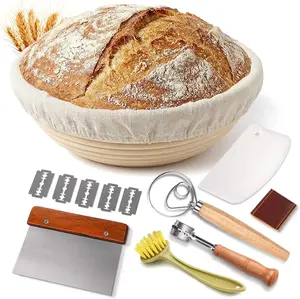7-Piece 9 Inch Round Proofing Basket, Complete Sourdough Starter Kit with Linen Liner & Tools, Sourdough Bread Baking Supplies & Making Accessories Gift Set - Send Goods from Local Warehouse (1 Pack)