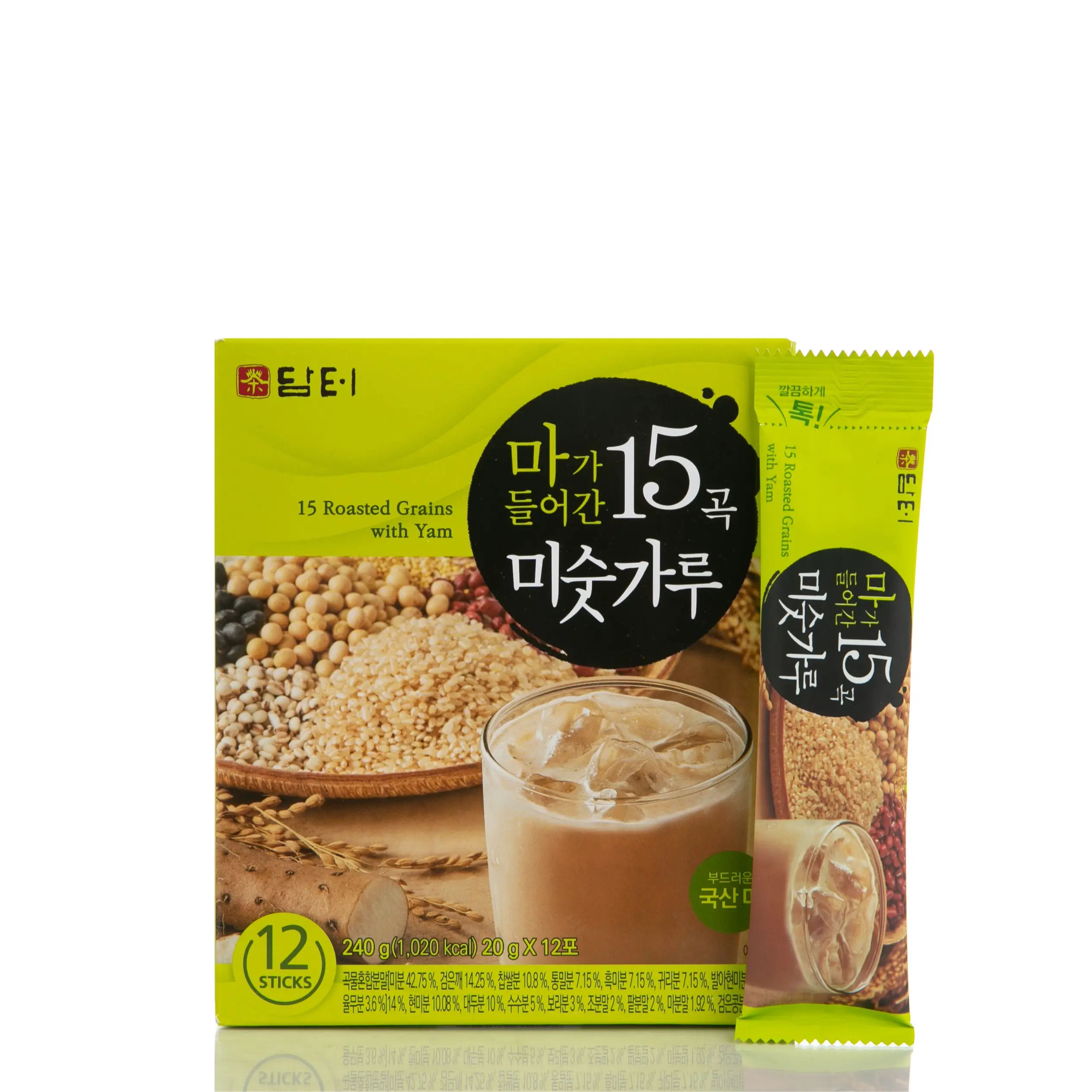 Damtuh Misugaru Powder with Yam – Korean 15 Roasted Grains Breakfast Drink Mix, Creamy & Nutty Flavor, Instant Multigrain Latte Mix, Caffeine-Free, 20g x 12 Sticks