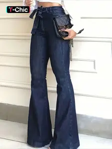 Autumn women's solid color belted elastic fitted flared denim jeans for daily commuting