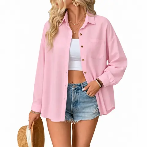 JEKAOYI Women's 2026 Basic Oversized 100% Cotton Button-Down Long-Sleeve V-Neck Blouse Top with Patch Pockets, Casual, Suitable for Office, Going Out, All Seasons, 100% Cotton Blouses & Shirts