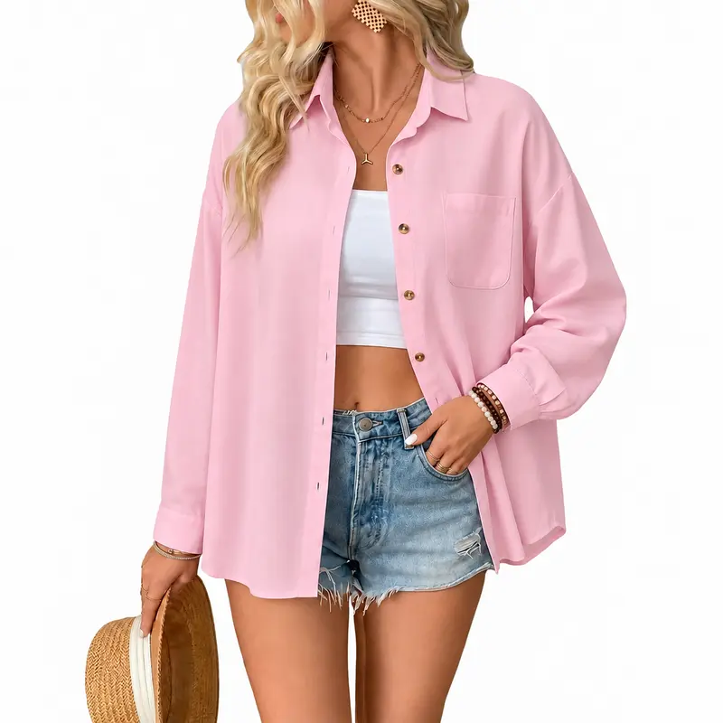 JEKAOYI Women's 2026 Basic Oversized 100% Cotton Button-Down Long-Sleeve V-Neck Blouse Top with Patch Pockets, Casual, Suitable for Office, Going Out, All Seasons, 100% Cotton Blouses & Shirts