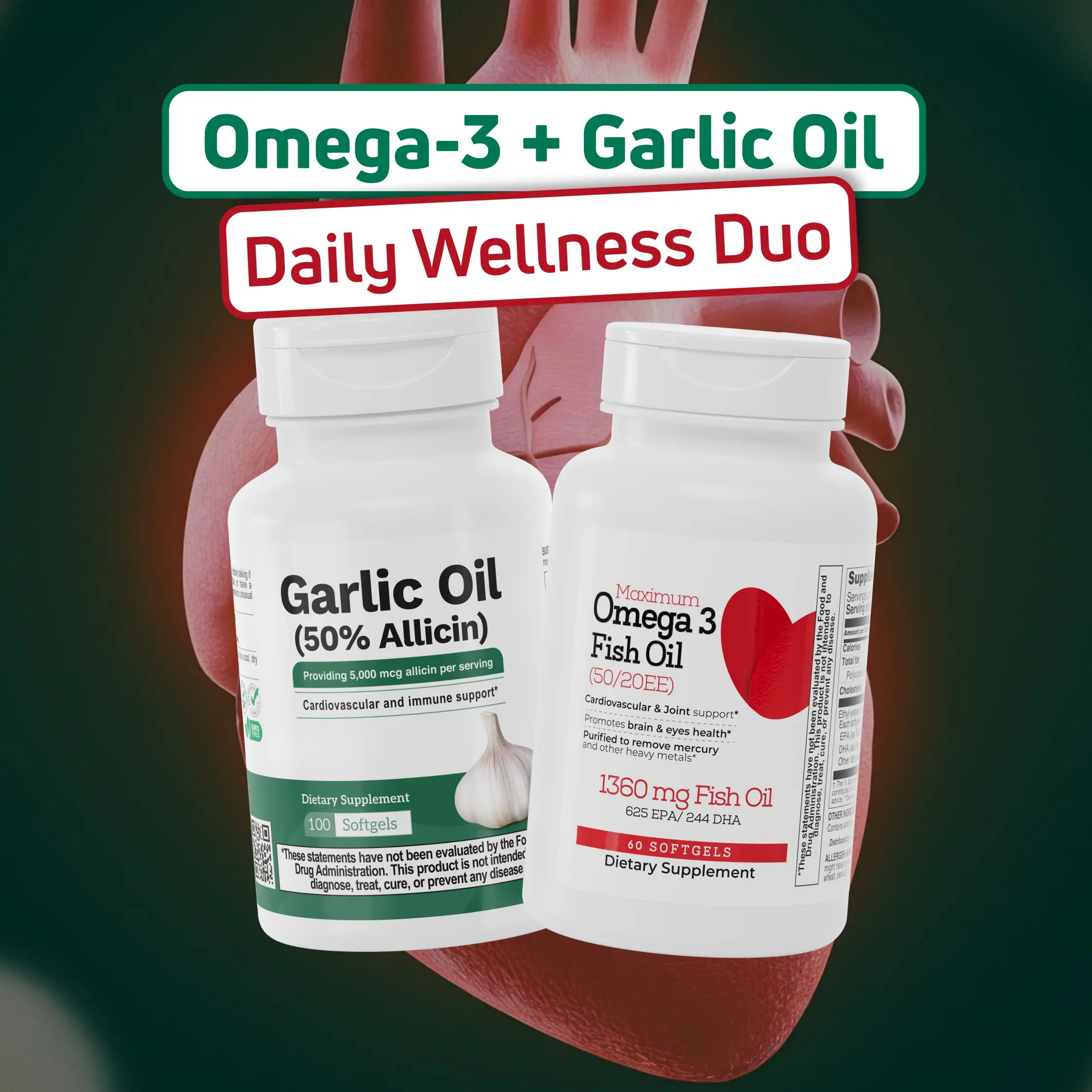 BenFit Immunity Burst Bundle: Maximum Omega 3 Fish Oil 1360 mg Softgels and Garlic Oil 50% Allicin Softgels