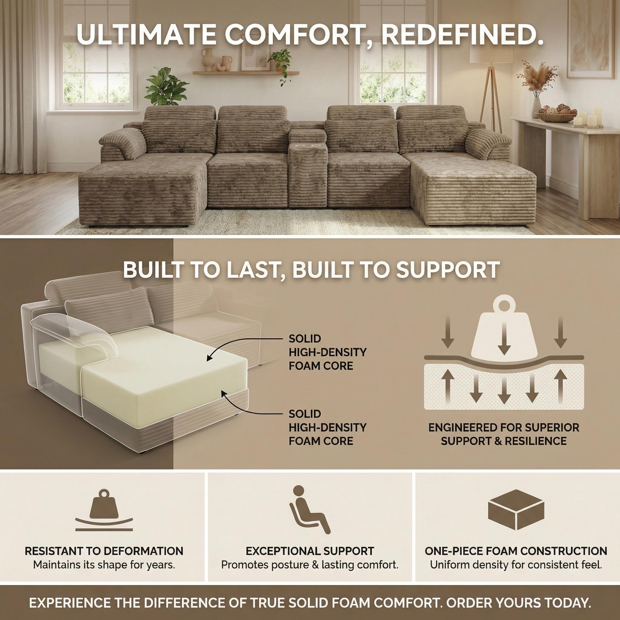 Modern Modular Corduroy Sectional Sofa, L Shaped Corner Couch with Built-in Cup Holders & Movable Ottoman for Living Room Apartment