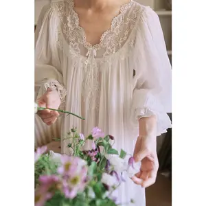 French fairy loose cotton long-sleeved loose lace nightgown,Vintage Lace Cotton Nightgown Mesh Sheer Garter Lingerie Set Mint Green