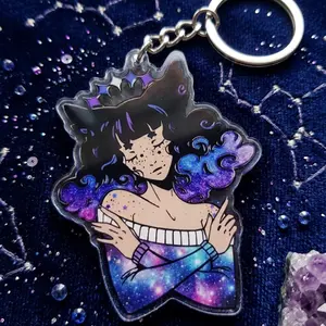 Ambience Galaxy Cat Girl Acrylic Keychain, Astral Hair Anime Keyring, Purple Space Aesthetic Bag Charm, Cute Witchy Kawaii Pendant, Dreamy Celestial Accessories Gift