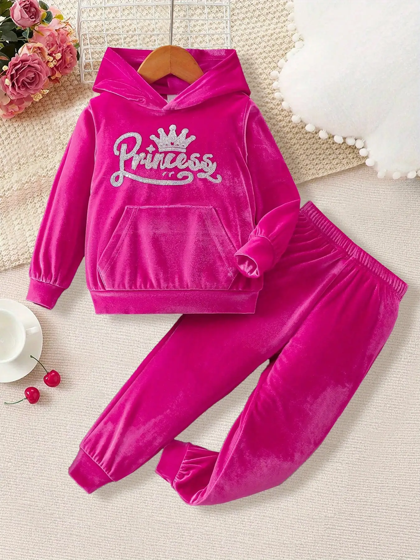 Girls' Crown Letter Print Hooded Sweatshirt Set, Pocket Design, Casual Two-Piece for Spring & Fall Seasons, Hoodie