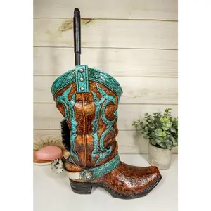 Ebros Rustic Vintage Western Turquoise Faux Leather Cowboy Boot with Spur Toilet Bowl Cleaner Brush and Base Holder 16.5" Tall Bathroom Gift 2 Piece Set Cowboys Cowgirls Boots Accent Decor