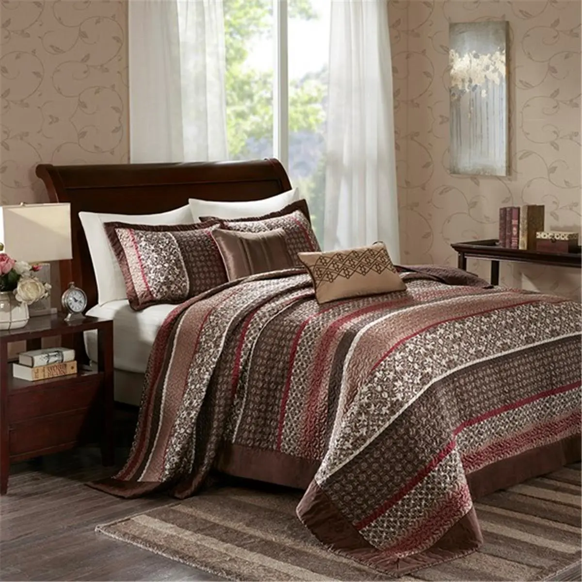 212 MAIN Lavish Decorative Bedding Set - 5-Piece Polyester Jacquard Weave Queen Size Quilt Bedspread, Red & Ivory Leaf Print, Chocolate Brown Border, Lavish Feeling, Medallion Motifs
