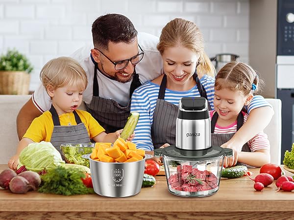 Ganiza Food Processor with 8 Cup Glass Bowls & 8 Cup Stainless Steel 2-Speed Food Chopper Meat Grinder Upgraded Button & Smart Overheat Protection Light - Includes Clean Brush 2 Sets of Blades Kitchen Vegetable Slicer Vegetable Cutter Kitchen Appliances