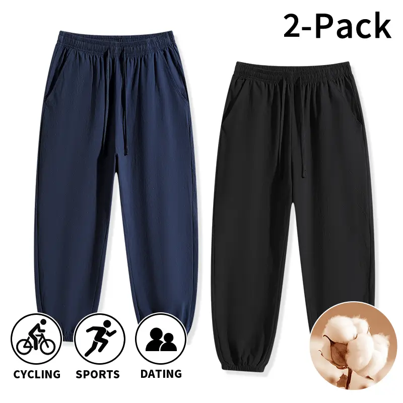 Male Loose Fit Athletic Wear, Multi-Size Skin-Friendly Cotton-Feel Casual Long Pants with Drawstring Waist, Thin Breathable Trousers for Cycling, Running, Long Trousers, All Seasons