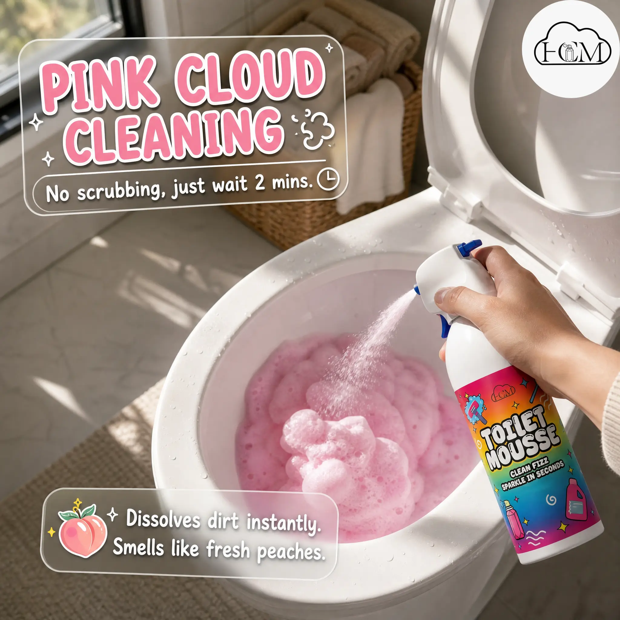 Peach Scent Gentle Yet Effective Multi-Use Toilet Mousse Cleaner – Splash-Proof, Bleach-Free, and Non-Toxic Formula for Faucets, Tile, Drains, and Porcelain – Thick Foam Clings to Dirt, No Brush Required, Leaves a Cleann