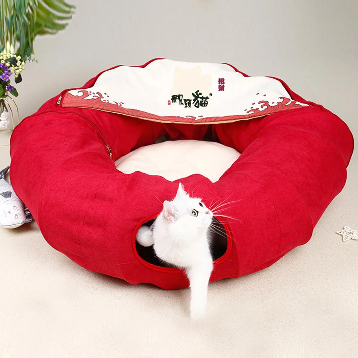 Heavy-Duty Fabric Large Collapsible Foldable Cat & Dog Tunnel Bed - Indoor Play Pet Playhouse with Tunnel System, Portable Hideout, Easy Storage for Cats & Puppies, Foldable Bed, Collapsible Bed