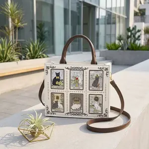Women's 6-Grid Cat Tarot Card Pattern Top Handle Satchel, PU Leather Hobo Bag with Metal Zipper, Lightweight Retro Vintage Messenger Purse