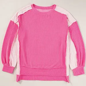 Bonbon Cable Knit Colorblock Exposed Seam Sweatshirt - Long Sleeve Crewneck Fitted Knitwear for Women Casual Tops