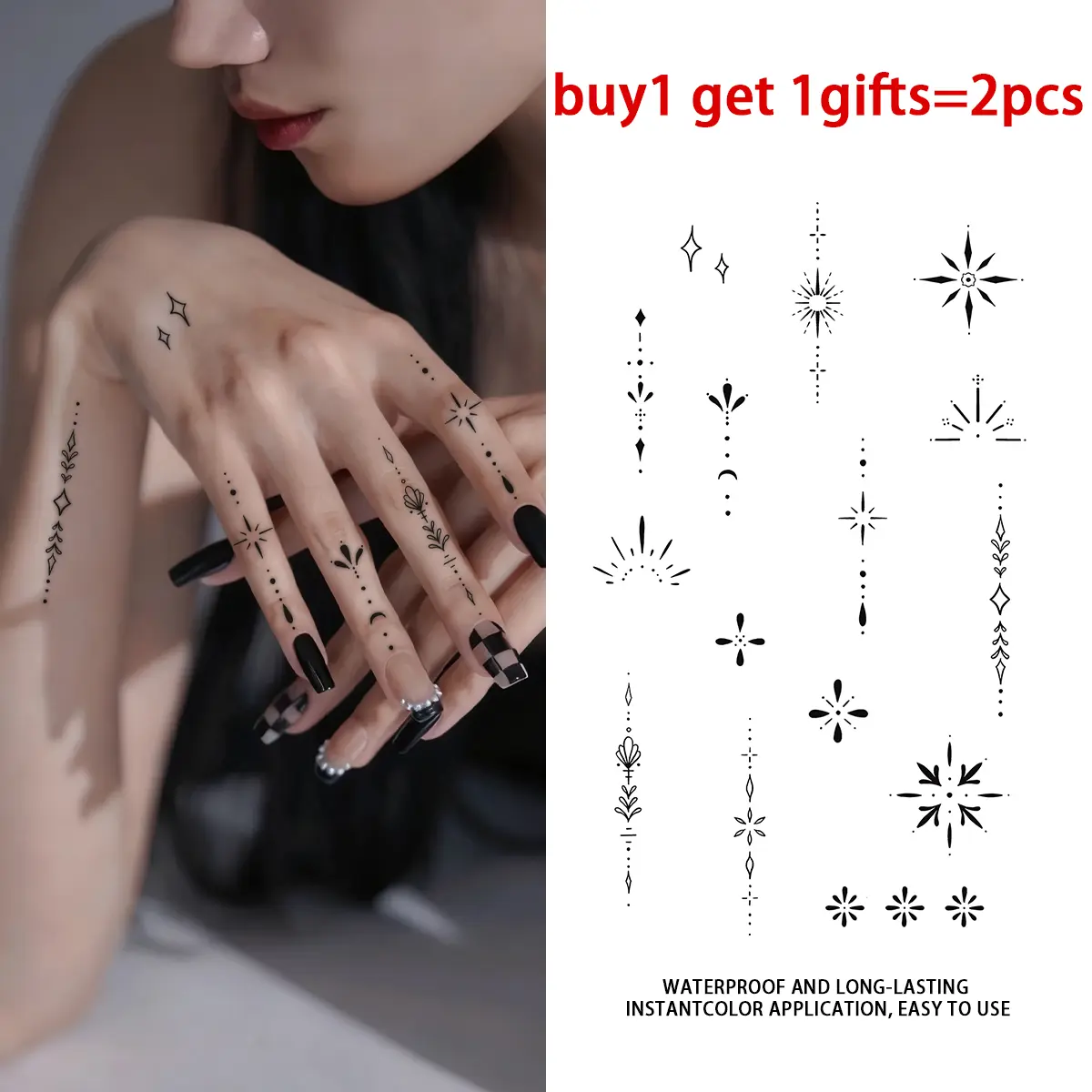 Minimalist Tiny Star Floral Finger Line Temporary Tattoo Stickers - 2 Sheets Semi-Permanent Waterproof Realistic Fake Tattoos, Tattoo for Women, All Skin Types Ideal for Swimming, Beach, Party