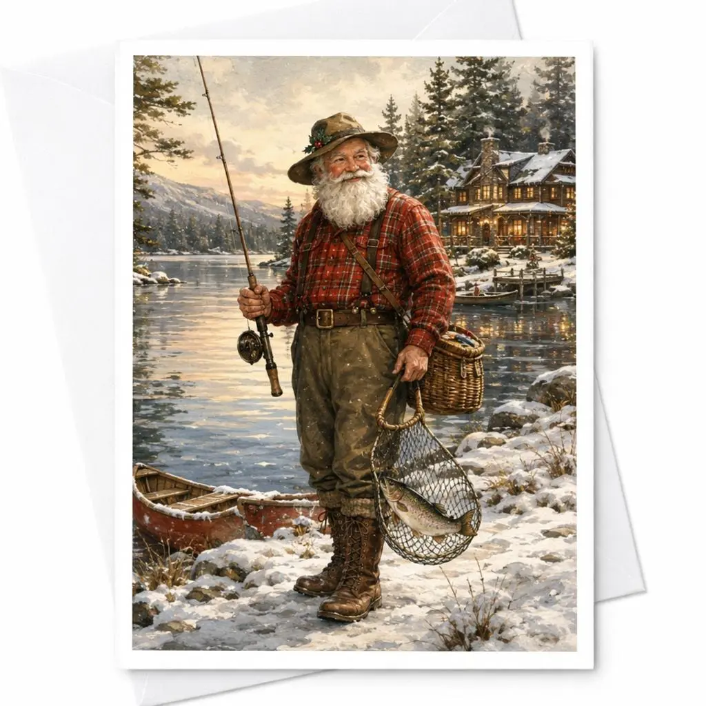 Santa Fishing Winter Scene Christmas Card Nature Lover Holiday Greeting Card Rustic Cabin Snowy Landscape For Him C5341