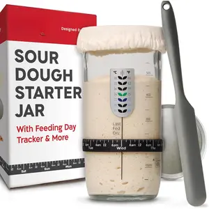 Sourdough Starter Jar With Date Marked Feeding Band, , Sourdough Jar Scraper, Sourdough Container Sewn Cloth Cover & Metal Lid, Sourdough Starter Kit