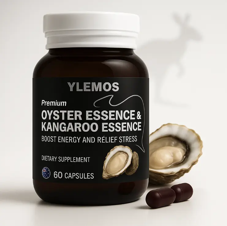 Ylemos Oyster & Kangaroo Essence Vitamin Supplement Capsules - 60 caps - 18 Nutrients - NZ Oyster, Australian Kangaroo Natural Extracts - Edible Protein, Zinc - Energy Boost, Stress Relief - Youth, Body Health Support - Prop 65 Safe Dietary Supplement, Su