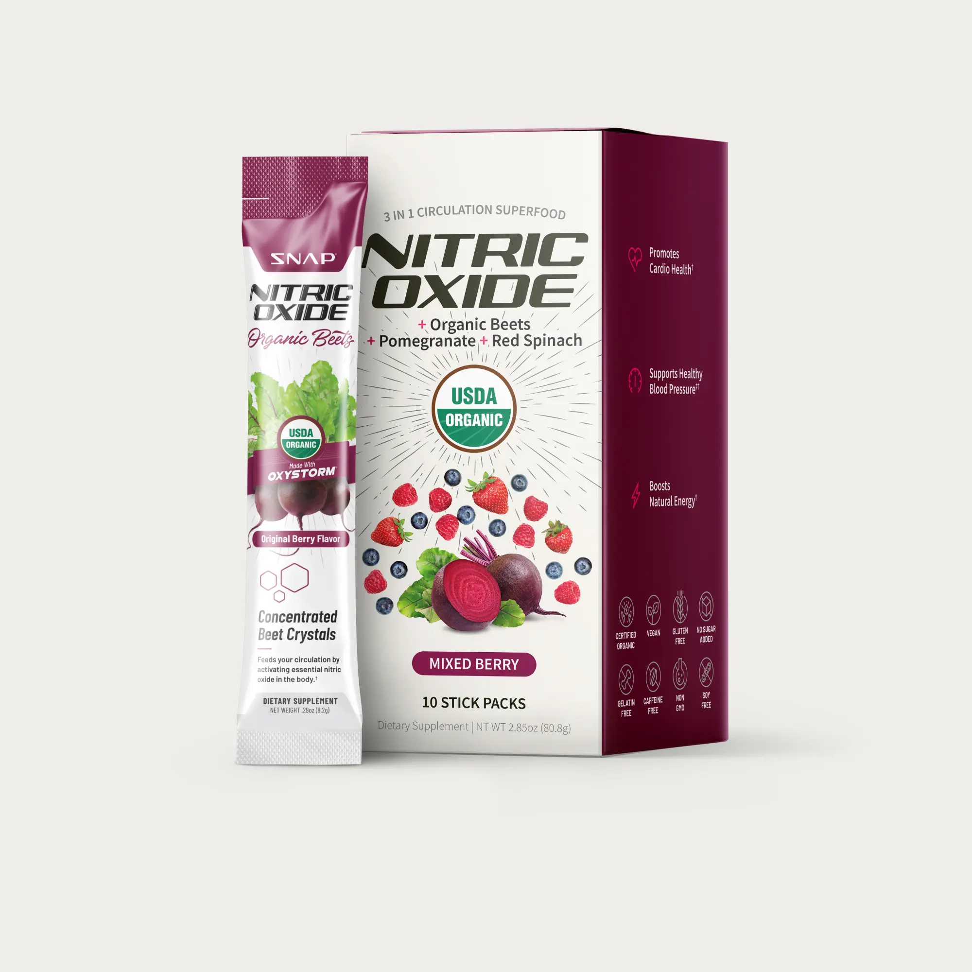 Snap Supplements - Nitric Oxide Organic Beet Root Powder - Circulation Superfood On-The-Go - Convenient Single Serve Stick Packs (10 Packs)