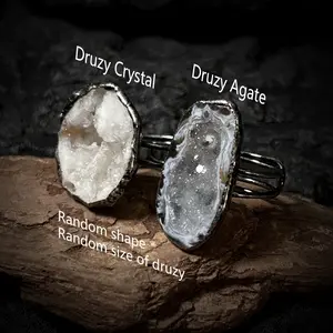 Vintage Natural Druzy Crystal Agate Ring - Hand Soldered, Antique Silver-Plated, Multi-Band, Open Adjustable Rough Geode Stone Gothic Unisex Costume Jewelry Accessory