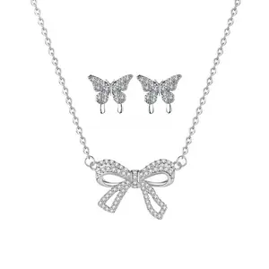 EJG Bow Jewelry Set, 925 Sterling Silver with Sparkling Zirconia, Hypoallergenic Necklace and Earring Set, Suitable for Everyday Wear, Christmas Gift Set
